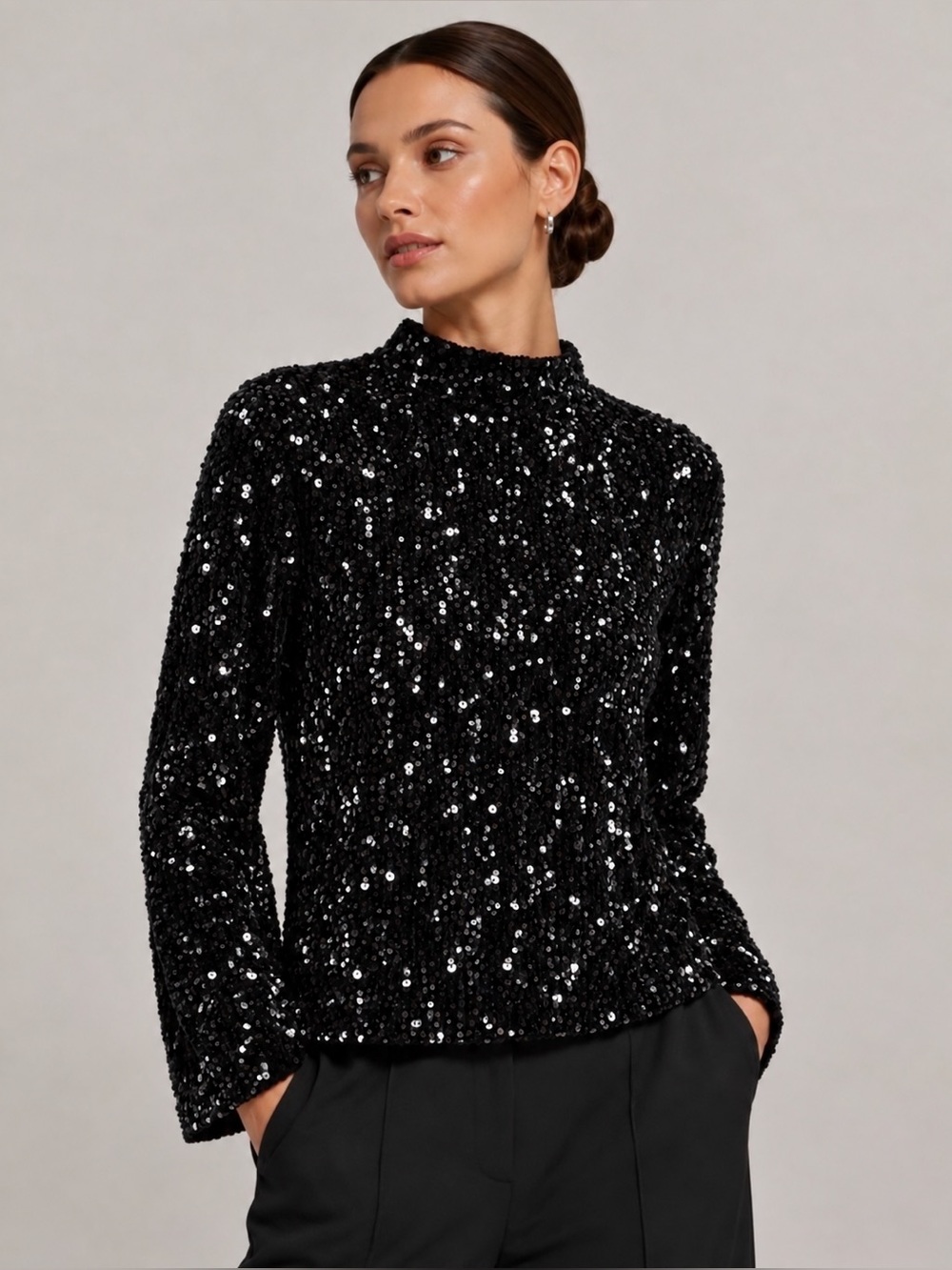 NWT J.McLaughlin Leeza Black Velvet Sequin Mock Neck Holiday Party Top L